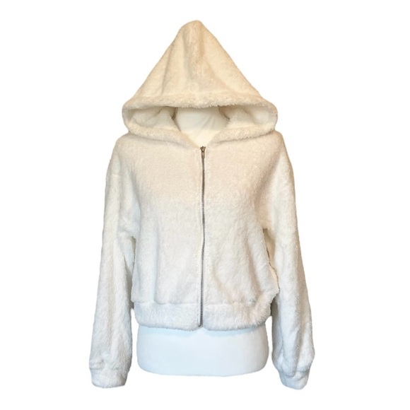 White Hooded Super Soft Cropped Teddy Zip Up Jacket Women’s Small - Picture 14 of 14